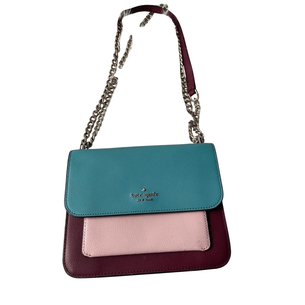 Kate Spade New York Colorblock Leather Crossbody Bag Turquoise White Plum Silver